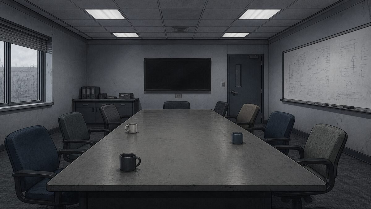 Institutional daylight in a division room—concept art for the Lambda Hearts trilogy