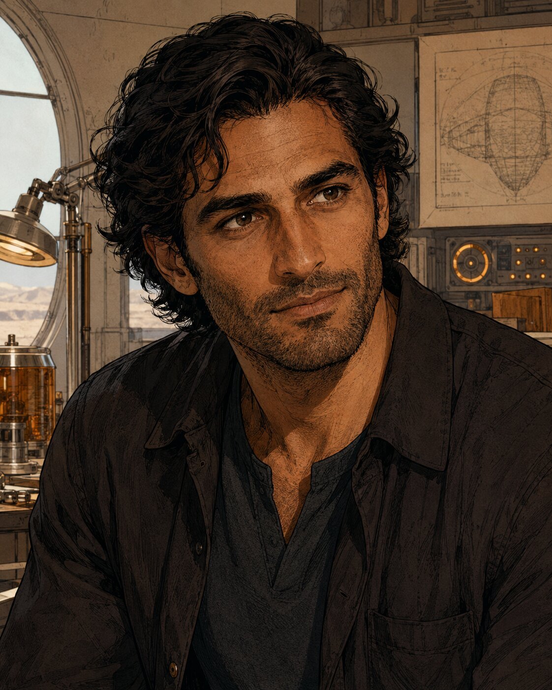 Concept portrait of Eliot, a peer scientist in a workshop—Lambda Hearts trilogy
