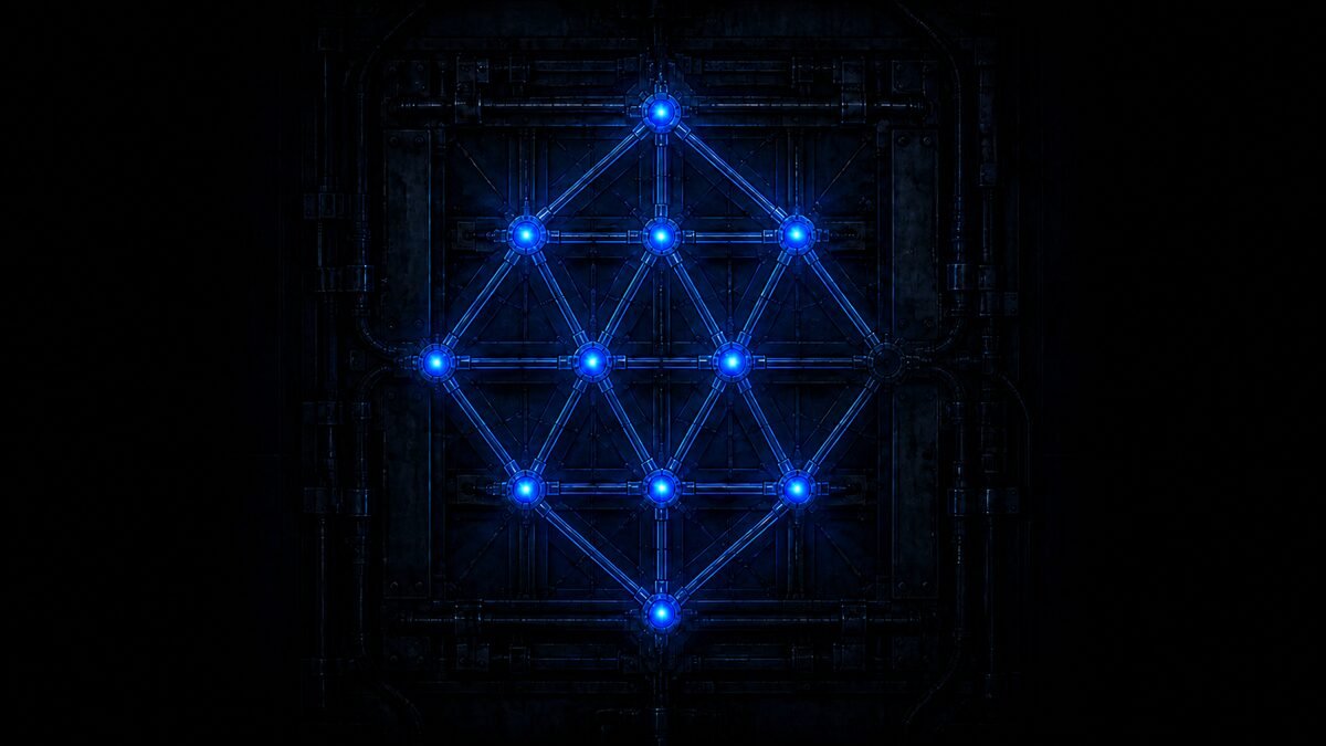 The blue lattice wall of the lab—concept art for the Lambda Hearts trilogy