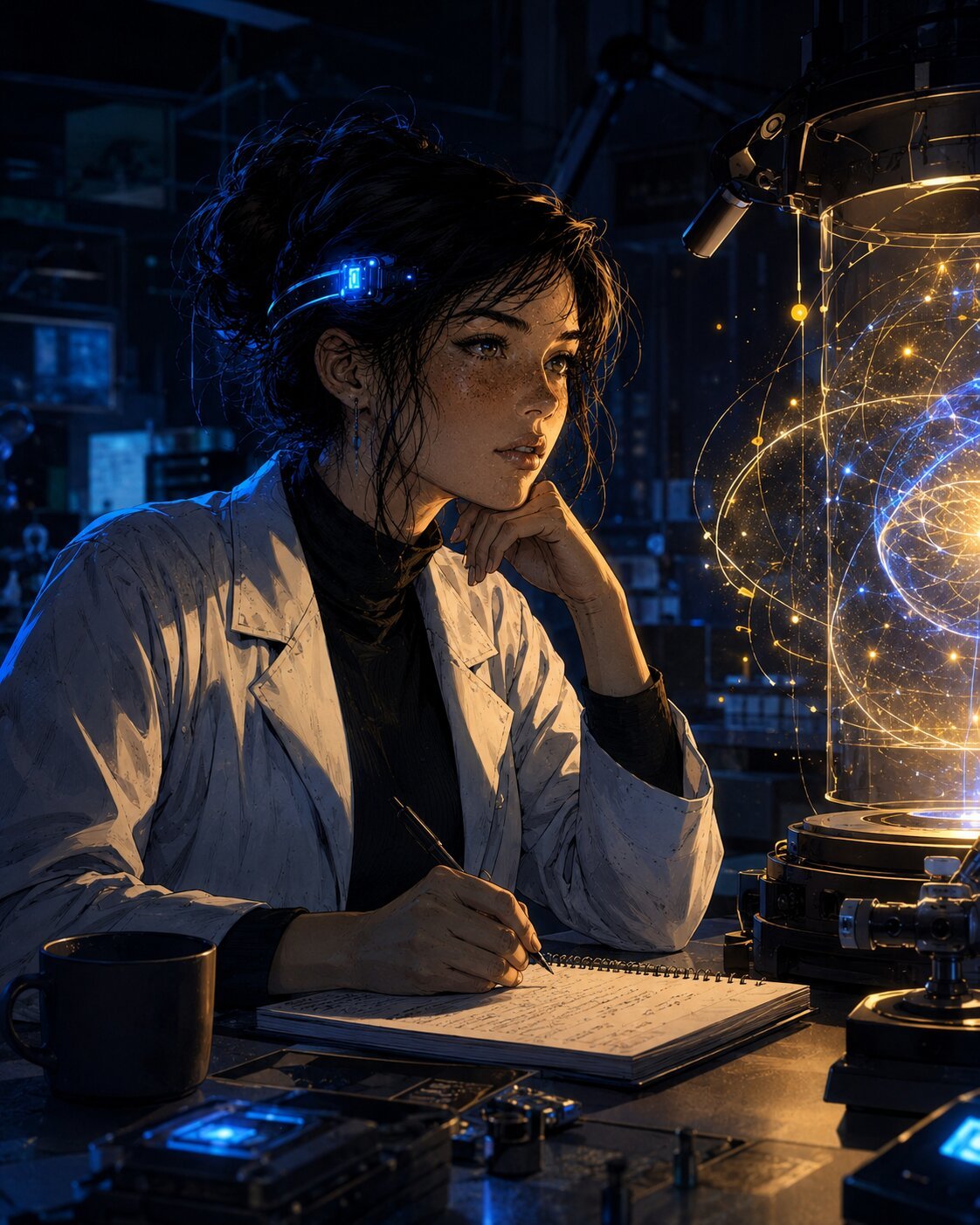 Concept art of Maya, a quantum researcher taking notes beside a luminous experiment—Lambda Hearts trilogy
