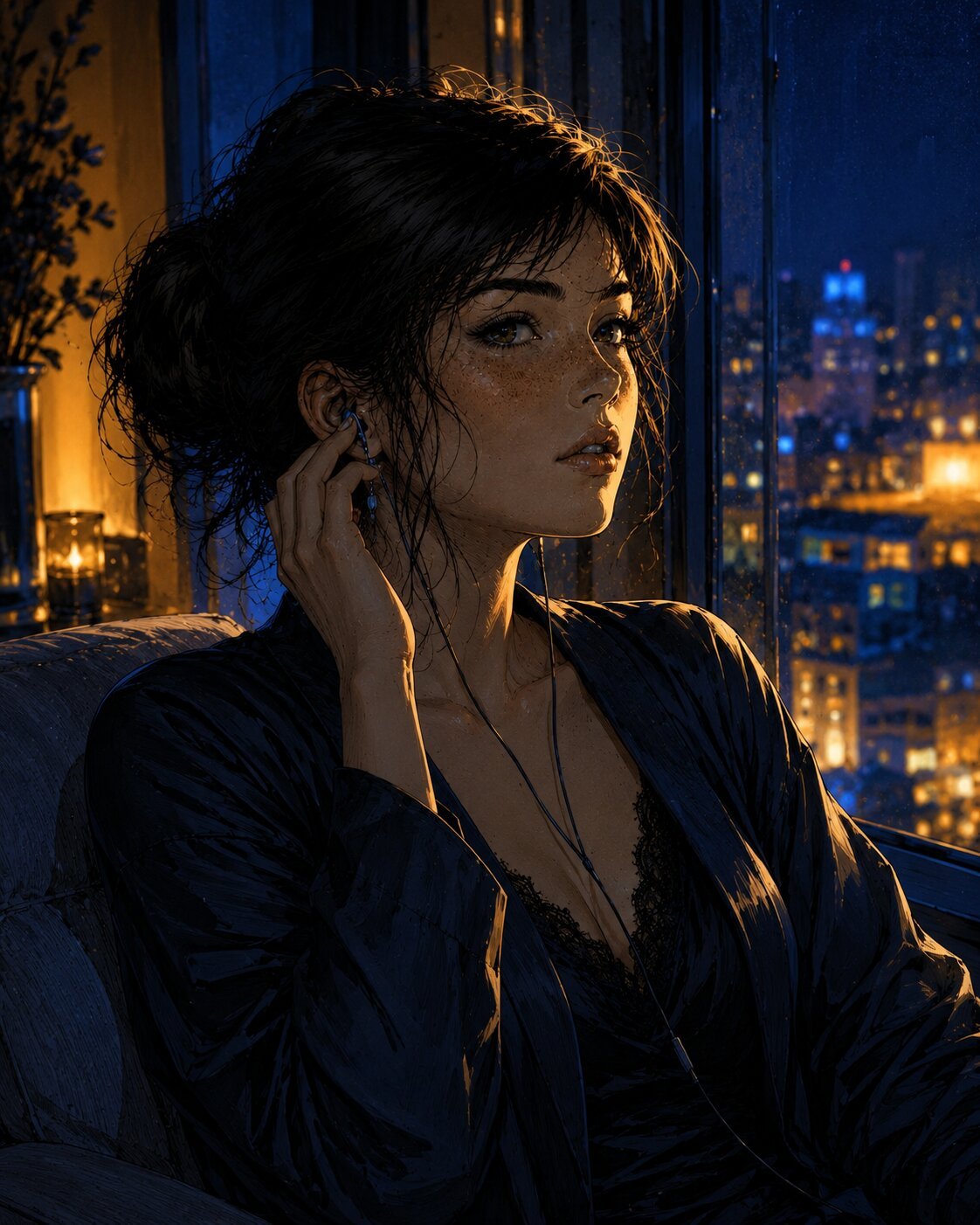 Portrait of a researcher against a night city skyline—concept art for the Lambda Hearts trilogy