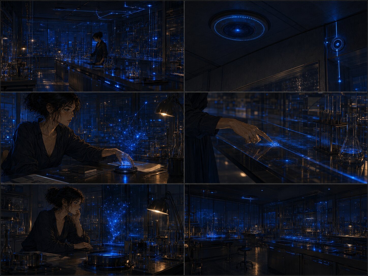 A holographic laboratory interface, lit and waiting