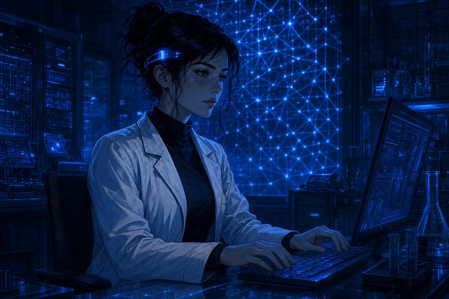 Oona at her terminal in the lab after hours, neural band lit blue, a lattice of light on the wall behind her—concept art for the Lambda Hearts trilogy