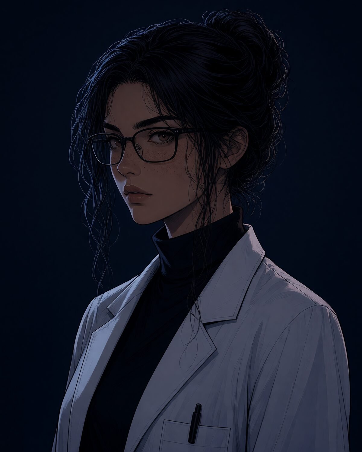 Oona in her lab coat and glasses against the dark—series portrait for the Lambda Hearts trilogy