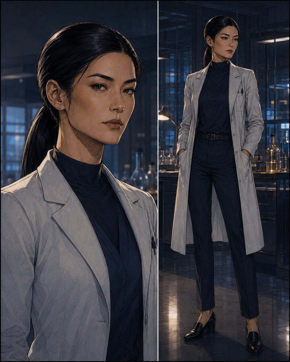Zhen in a lab coat in an institutional laboratory